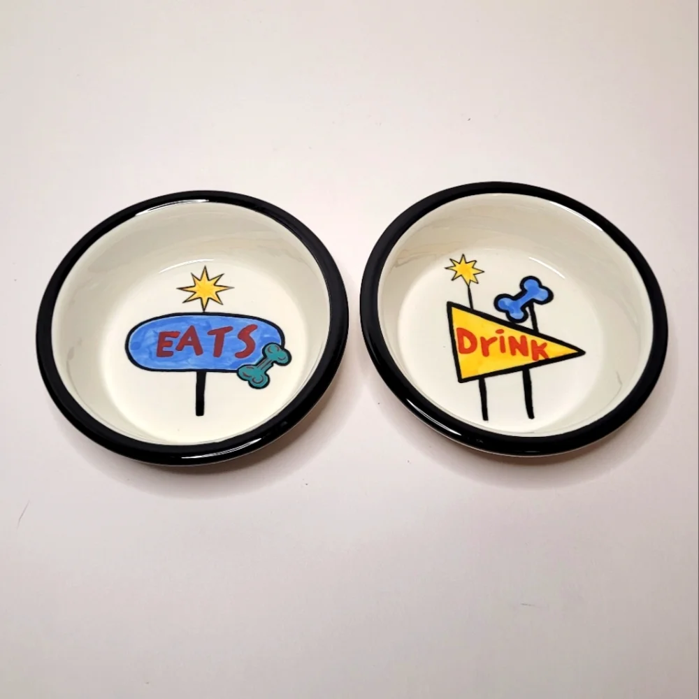 EAT and DRINK Set of 2 Ceramic Pet Food Bowls Handpainted Diner Decor Vibes RARE